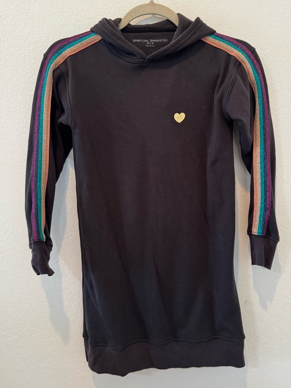 Spiritual Gangster Black Hoodie Dress with Rainbow Sleeve Stripes